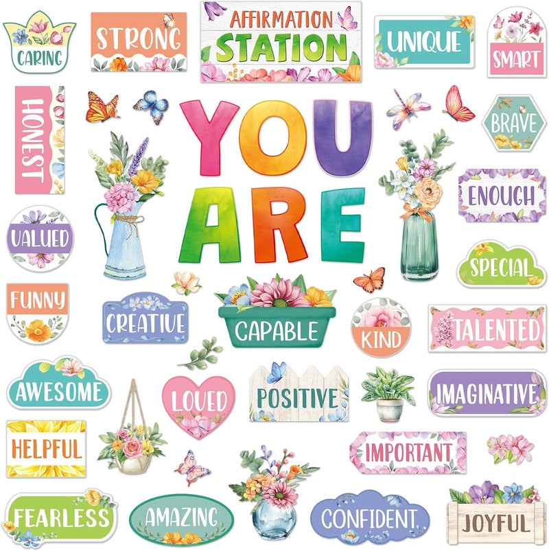 Weekgrat 45pcs Spring Bulletin Board Set Motivational Posters Classroom Mirror Growth Mindset Decor Positive Affirmations Accents Flower Cutouts for School Office Home Teacher Wall - Image 1